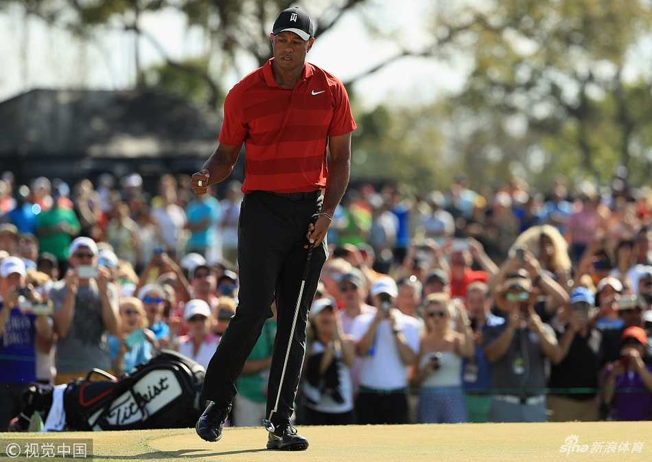 老虎伍兹以一记漂亮的沙坑救球将球送上果岭，沙粒飞溅的瞬间，他的技术、胆识与专注力完美融合。