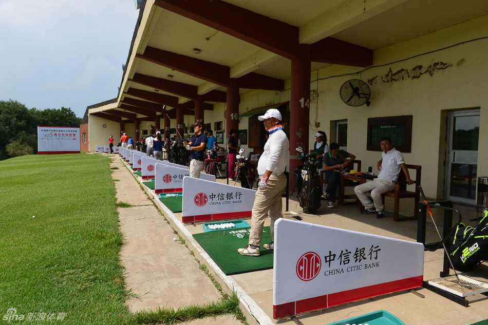 比赛间隙，球友在果岭上专注推杆，胜负在此一举