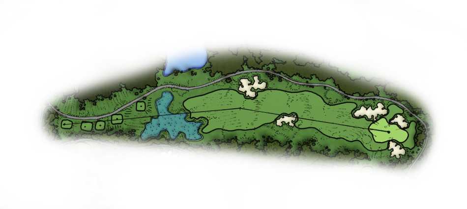 静谧的‘花乡洞’果岭宛如绿宝石，静卧于斑斓花海与白色沙坑的环绕之中。