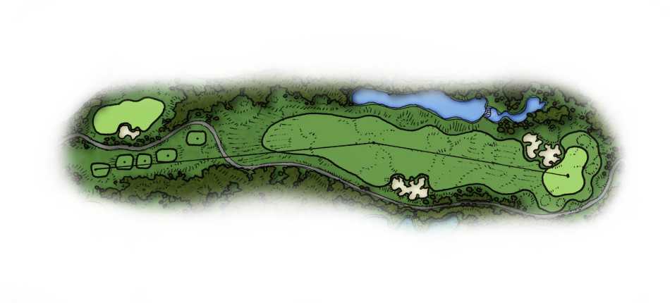 高尔夫球手在发球台专注凝神，身后是沐浴在晨光中、层次分明的辽阔球场全景。