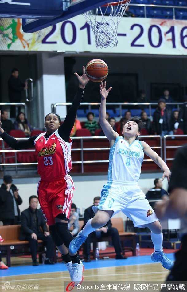 北京队内线球员背身单打，利用强壮的身体倚住防守者，寻找转身投篮的绝佳机会，对抗十分激烈。