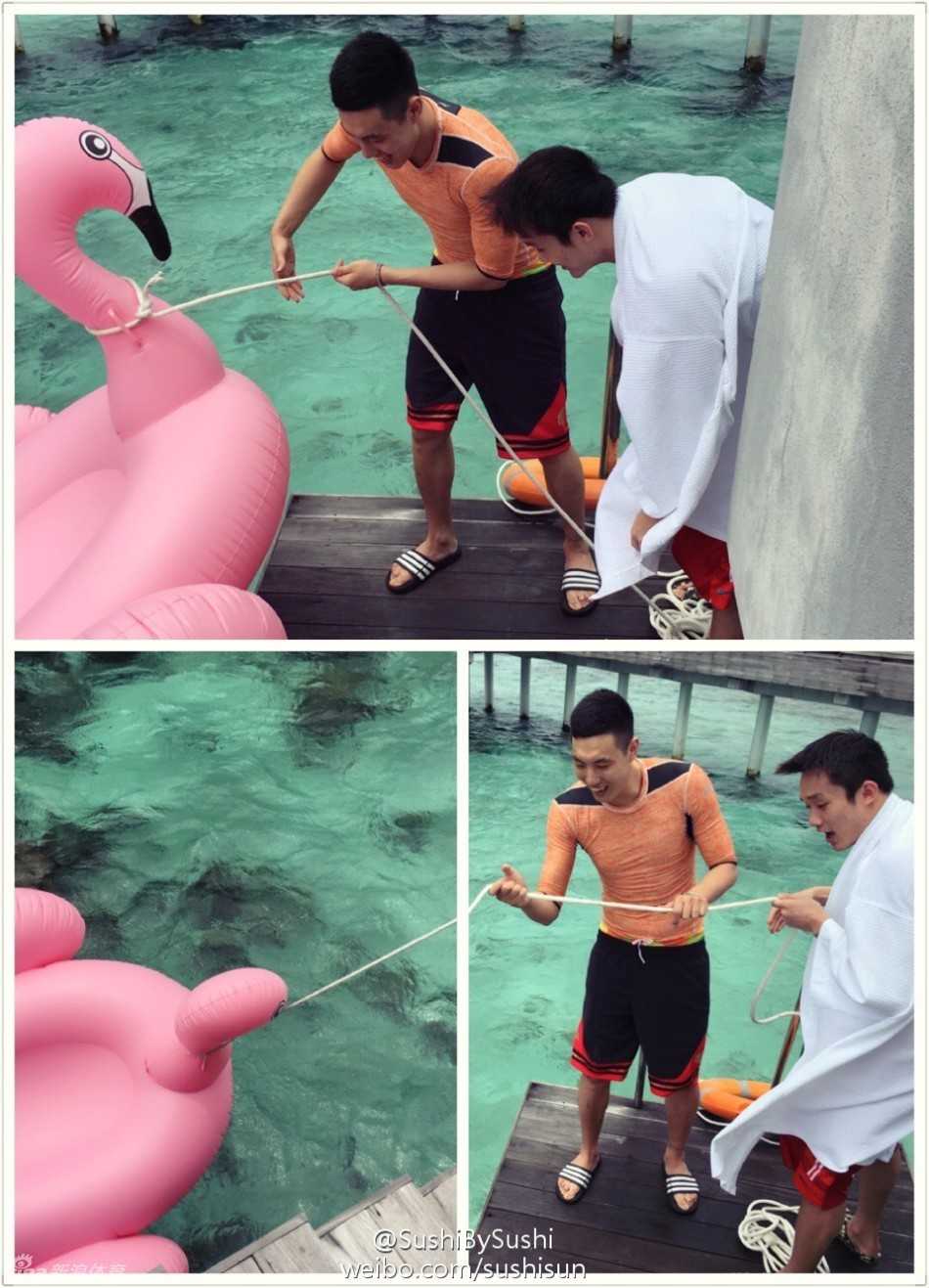 玩到尽兴处，两人似乎放生了救生圈，任由它漂浮在海面，两人则自由自在地在水中打起水仗，开怀大笑。