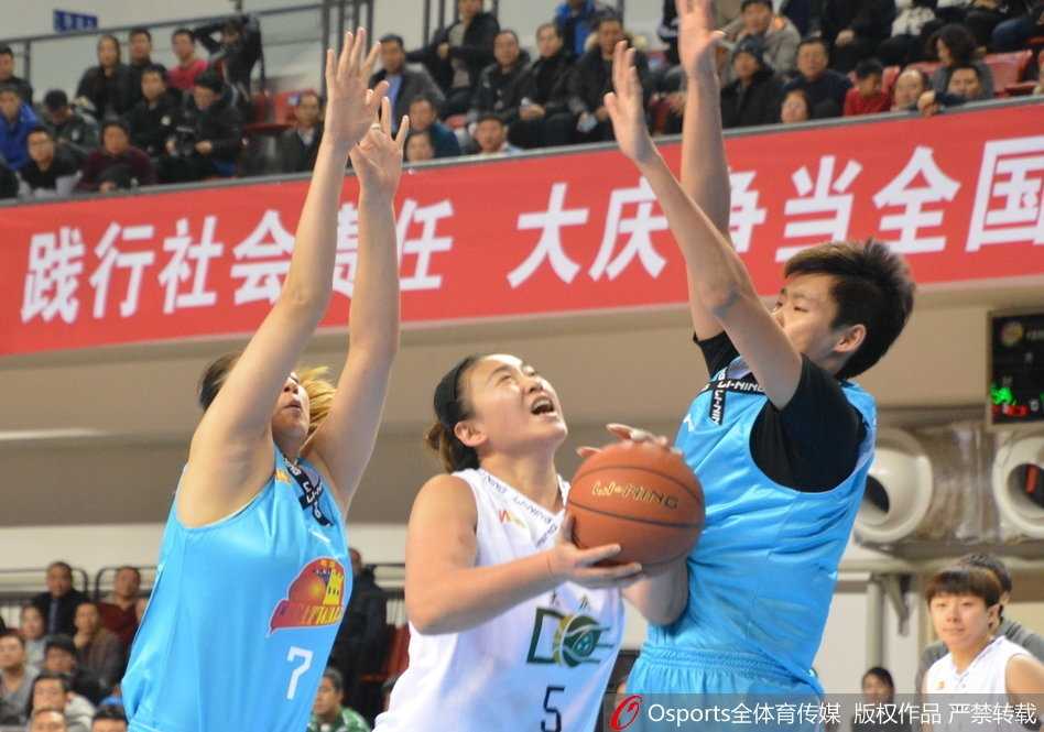 主场大庆队队员在严密防守下强行突破，眼神中透露出对胜利的无限渴望