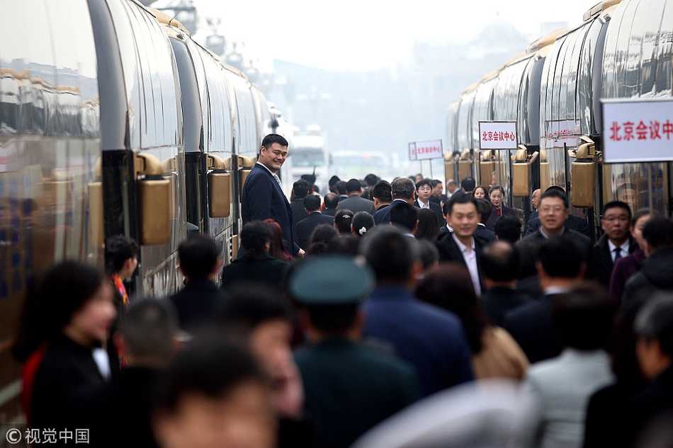 通过安检后，姚明在人民大会堂的大厅内回身望向门外，神情轻松，似乎在对那些刚刚围堵他的记者们微笑致意，灯光在他的西装上投下柔和的轮廓。