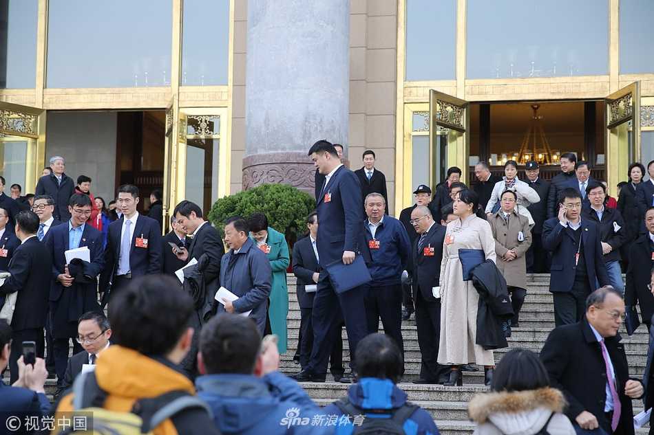 在人民大会堂的台阶上，姚明身穿深色正装，双手自然放在身前，面容严肃而专注，似乎正在思考即将提交的关于推广小篮球运动的提案细节，身后的红旗在蓝天下格外鲜艳。
